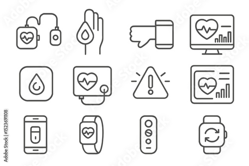 Health monitoring icons set: heart rate, blood test, alert symbols