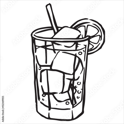 Long Island cocktail with ice. Vector illustration in doodle style.