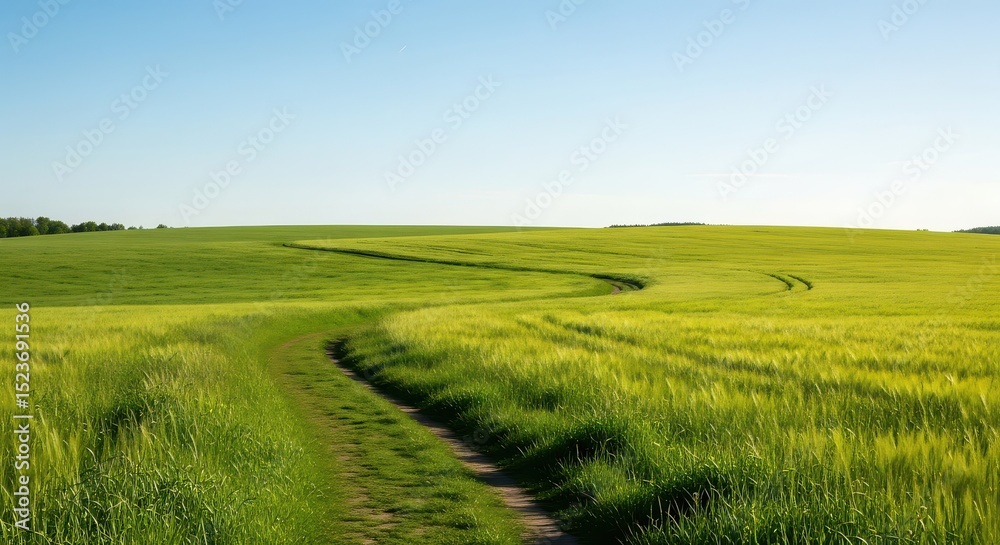 Fototapeta premium Green Field and Path Under Blue Sky