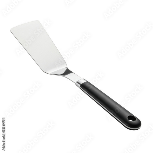 Stainless steel spatula with black handle isolated on transparent background