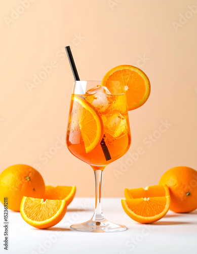 A refreshing orange cocktail with ice and orange slices in a wine glass, surrounded by fresh orange wedges on a light background