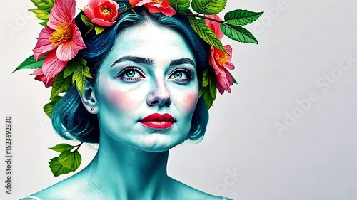 Young beautiful woman with flowers in her hair. Abstract female portrait in watercolor style. Beauty and fashion concept, self-care