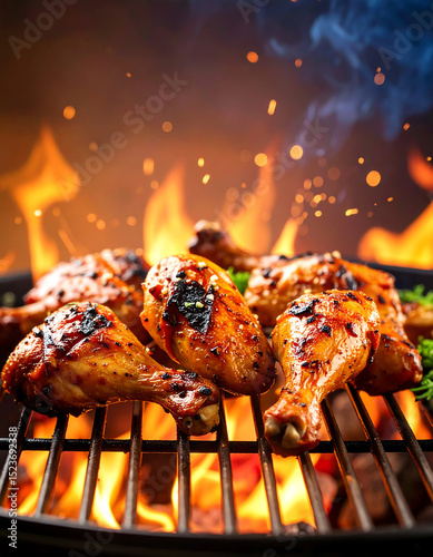 Juicy grilled chicken drumsticks cooking over an open flame on a barbecue grill with smoky fire in the background photo