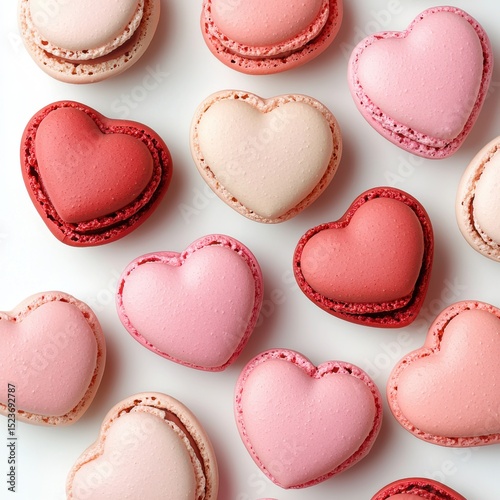 Valentine's Day Heart-Shaped Macarons. A close-up shot featuring heart-shaped macarons in various shades of pink and red, perfect for a sweet treat