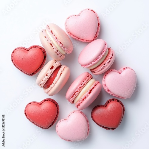 Delightful assorted macarons in pink and red heart shapes, arranged artfully on a surface.