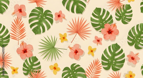Vibrant Tropical Floral Pattern Seamless Summer Design with Hibiscus and Monstera Leaves