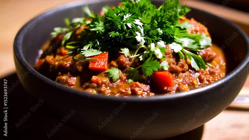 A bowl of chili and meat stew with par pars and a spoon.
