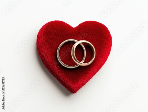 Two golden wedding rings nestled in a heart-shaped red velvet box.  A symbol of love and commitment.