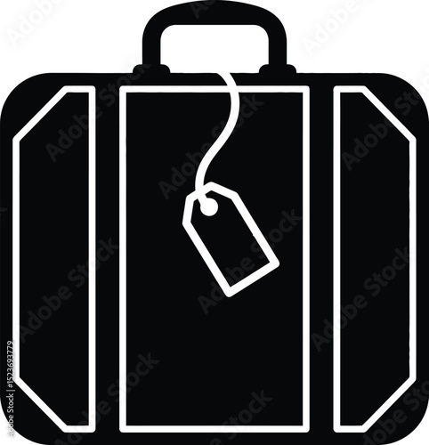A stylized black and white illustration of a suitcase with a luggage tag hanging from the handle silhouette