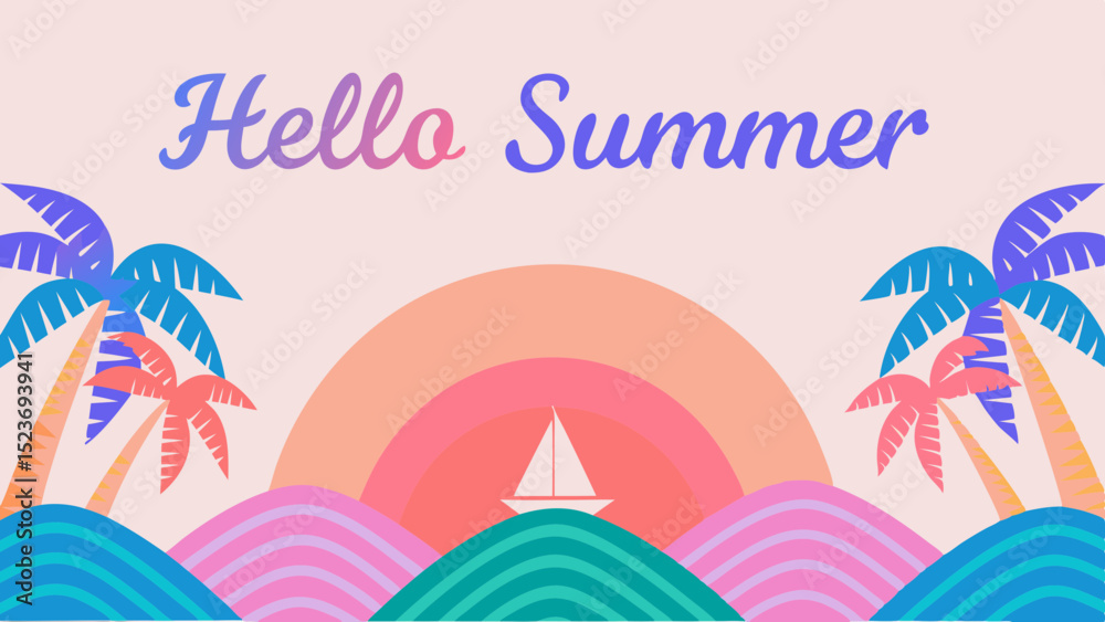 Naklejka premium Illustration of a summer scene with palm trees, waves, sunset, and a sailboat with hello summer text