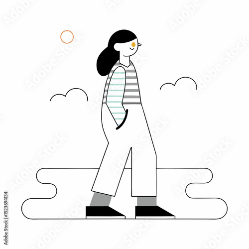 Minimalist line art illustration of a cheerful woman walking outdoors under a subtle sun, perfect for themes of leisure, mindfulness, and healthy living.


