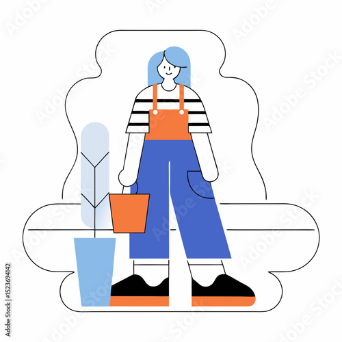 Minimalist illustration of a smiling woman in overalls and a striped shirt, holding a bucket next to a plant, ideal for gardening, home, and leisure concepts.

