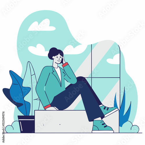 Minimalist illustration of a person confidently talking on a mobile phone while sitting by a window, amidst abstract natural elements, depicting communication and connection.

