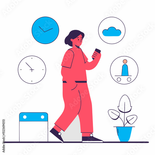 Minimalist illustration of a person walking while looking at a smartphone, surrounded by digital icons and clocks, symbolizing connectivity, time management, and online activity