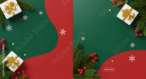 Festive christmas background with presents snowflakes holly berries and evergreen branches decorations