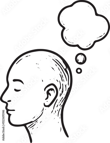 A black-and-white hand-drawn sketch of a thought bubble, symbolizing mindfulness and ideas, perfect for yoga, meditation, and creative design projects with a serene touch