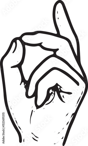A black-and-white hand-drawn sketch of a hand gesture, symbolizing peace and mindfulness, perfect for yoga, meditation, and spiritual design projects with a serene vibe