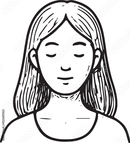 A hand-drawn black-and-white sketch of a woman with closed eyes, embodying mindfulness and serenity, perfect for yoga, meditation, and spiritual wellness illustrations