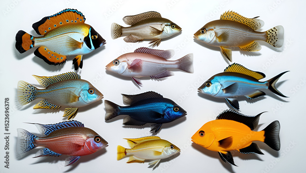 Naklejka premium Collection of African cichlids from Lake Malawi and Victoria on a clean white isolated background, such as peacock, compressiceps, livingstoni, mbuna, and nyererei.