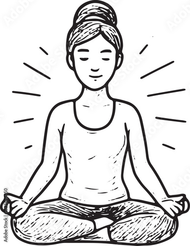 A black-and-white hand-drawn sketch of a woman in lotus pose with a radiant aura, symbolizing enlightenment and peace, ideal for yoga, meditation, and spiritual wellness designs