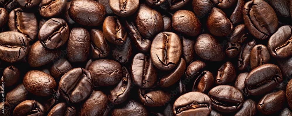 Fototapeta premium A macro view of coffee beans, showcasing their deep brown tones and intricate textures. The image captures the aromatic essence of freshly roasted espresso seeds. 40k, full ultra hd, high resolution