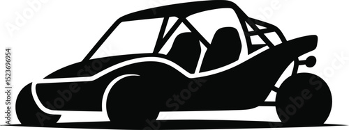 A silhouette of a black dune buggy with roll cage and visible seats on a white background image