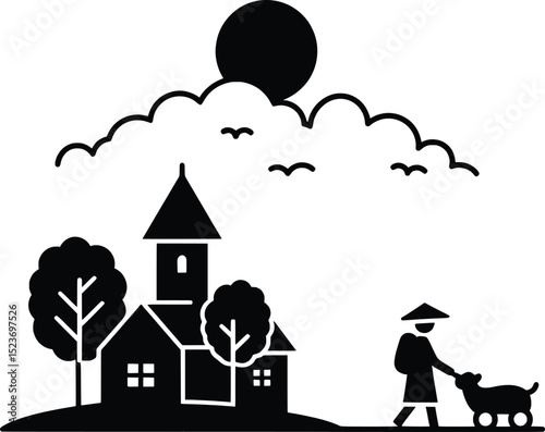 Peaceful Village Scene Vector Illustration of Countryside Life