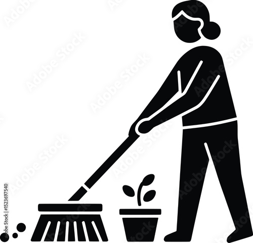 Gardening Vector Illustration Woman Sweeping Leaves Around Plant
