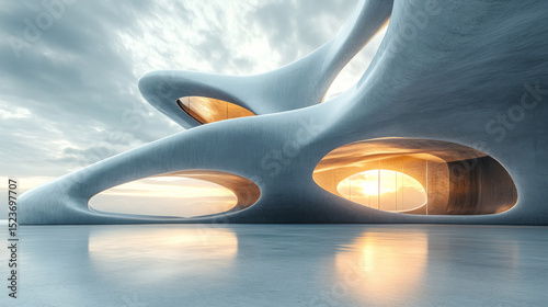 A futuristic architectural structure with sweeping curves is rendered in 3D above a bare concrete floor