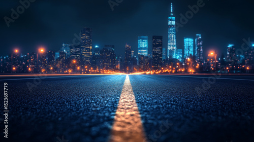 A nighttime urban road scene shows a focused stretch of asphalt leading toward a distant city skyline