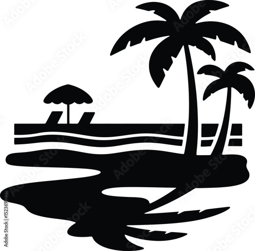 A silhouette illustration of a beach scene with palm trees and a beach umbrella on a sunny day