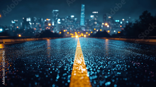 A nighttime urban road scene shows a focused stretch of asphalt leading toward a distant city skyline