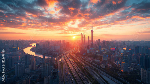 As the sun dips below the horizon, a sleek highway leads into Shanghaiâ€™s modern skyline