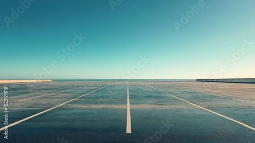 A wide, deserted parking area serves as a minimalistic roadscape backdrop