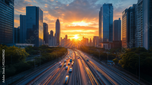 The sun sets over a highway flanked by modern buildings, with a car adding depth to the city backdrop