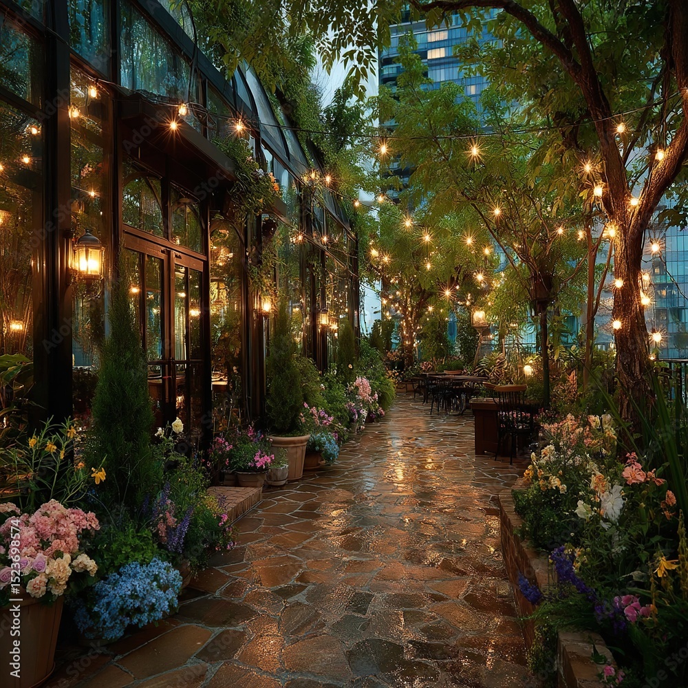 Fototapeta premium City Patio Garden Lights Evening.