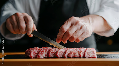 A chef skillfully slices marbled beef on a cutting board, preparing high-quality meat for a gourmet meal.