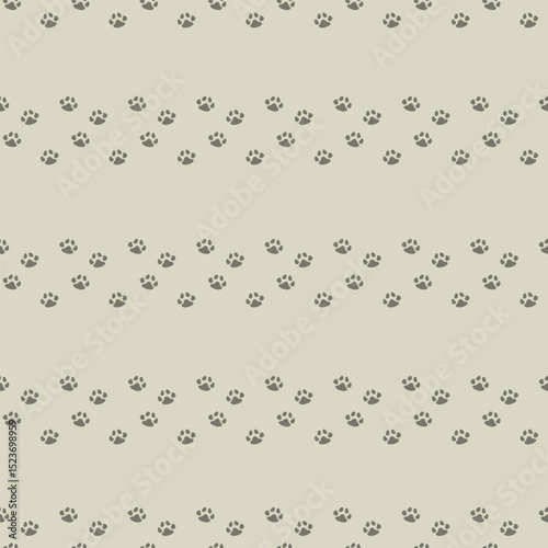 Playful seamless paw print pattern in soft tones, ideal for children’s designs, pet-themed textiles, wrapping paper, or digital backgrounds. Clean and modern vector design.