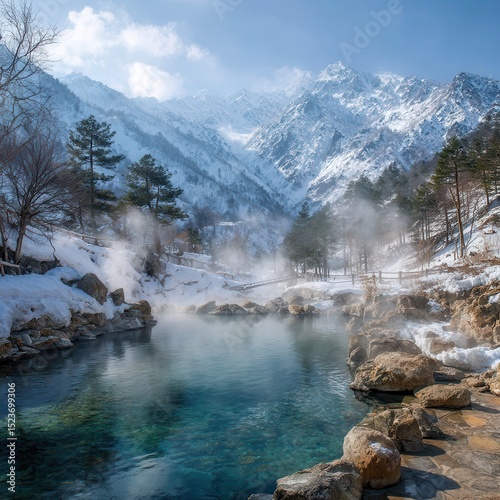 Serene Winter Hot Springs Nestled in Snow-Capped Mountains