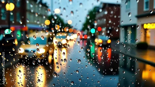 The windshield of the car is covered with water drops, driving in the city in rainy weather, on a blurred background of a busy road with a stream of cars