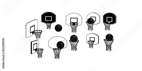 Basketball hoop with ten basketballs, suitable for sports promotions, team graphics, school events, and recreational content creation.