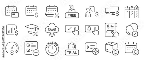 Saas icon set. It included subscription, package, renew, software as a service and more icons. Editable Vector Stroke.