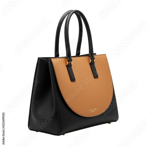 Black and tan leather tote bag isolated on transparent background