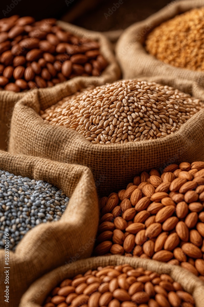 Fototapeta premium Colorful assortment of raw seeds in burlap sacs ready for culinary use or gardening.