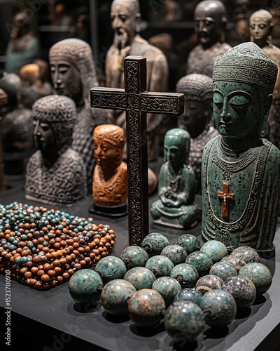 Museum exhibit artifacts from multiple belief systems