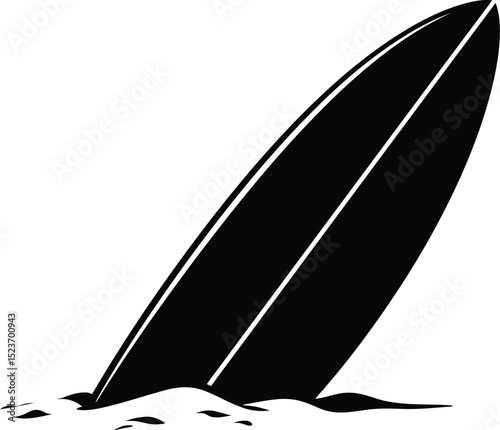 A black and white illustration of a surfboard standing upright in the sand near the water's edge silhouette