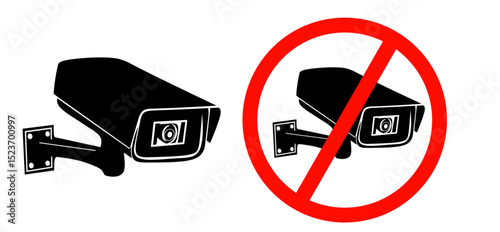 Prohibited sign CCTV camera with crossed out red circle. Filming is prohibited. Sticker, symbol. Safety system. No surveillance. Black silhouette of camera from the side. Isolated. No security camera 
