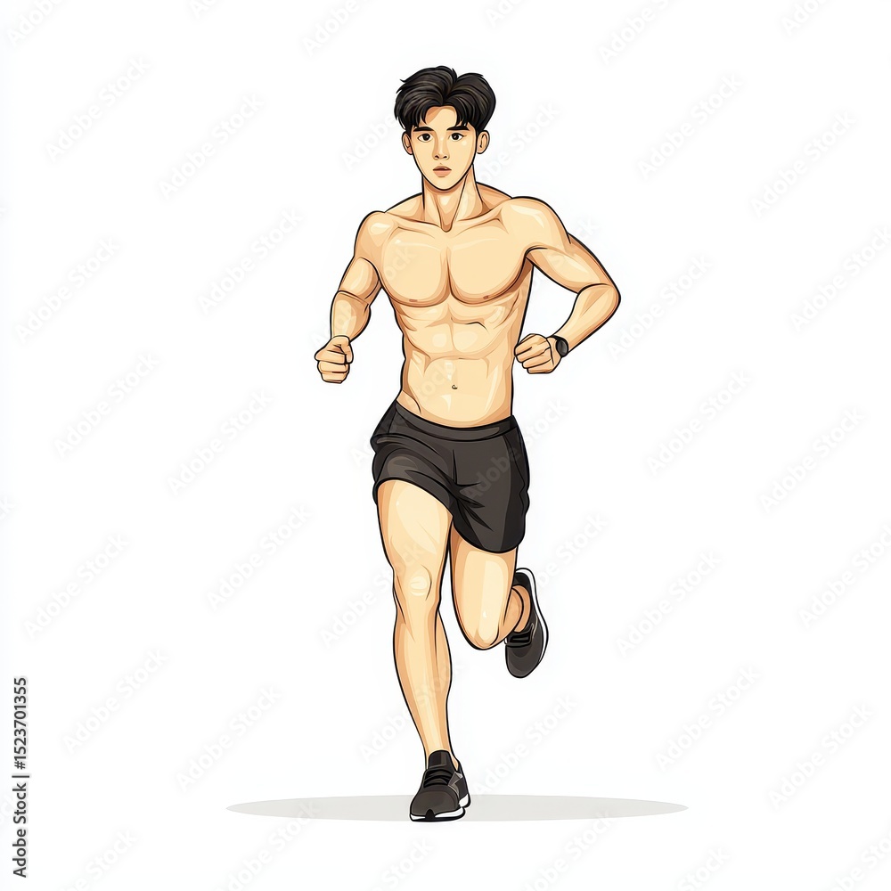 Fototapeta premium Pixel art illustration of a muscular man jogging, wearing black shorts against a white background. He has short dark hair and is shown mid stride