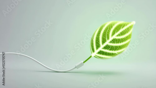 A green leaf lighting up while connected through a wire or cable, energy saving and conversion representation, eco-friendly, professional video shoot