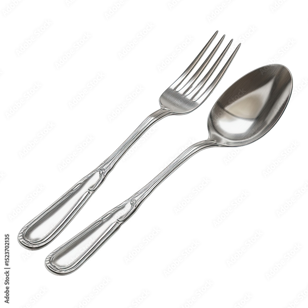 Polished silver-toned fork and spoon, angled, showing ornate handles Polished silver-toned fork and spoon, angled, showing ornate handles